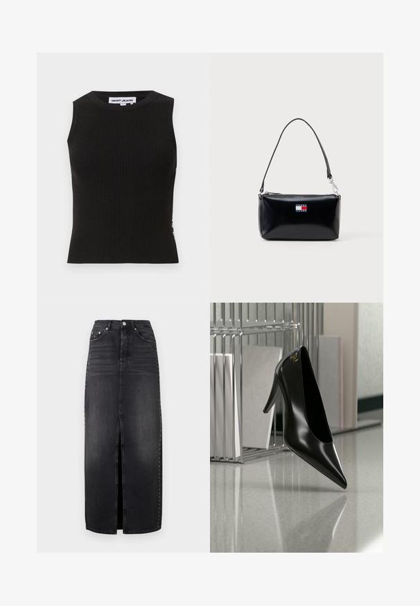 Sort ribbet tanktop med rund halsudskæring, der har en tætsiddende pasform og subtil tekstur. Ribben strækker sig gennem hele stoffet.; Sort denimnederdel med frontslids, høj talje, fem lommer og nittebesætninger langs sidesømmene. Klassisk design.; Sort højhælet sko med spids tå og guldlogo, placeret på en reflekterende overflade nær en krom trådfilholder med dokumenter.; Sort rektangulær skuldertaske med kort rem og Tommy Jeans-logo i rød, hvid og blå på fronten i midten.