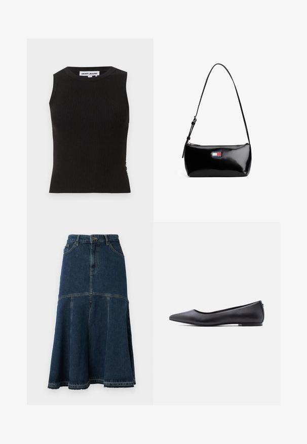 Sort ribbet tanktop med rund halsudskæring, der har en tætsiddende pasform og subtil tekstur. Ribben strækker sig gennem hele stoffet.; Denimnederdel i mørkeblå med en udvidet form, der har høj talje, forlommer og en rå kant. Slidt tekstur og syning detaljer.; Sort flad lædersko med spidst tåparti og lav hæl, vist i sideprofil mod en hvid baggrund.; Sort patenteret læder skuldertaske med en buet rem, lynlåslukning og et rektangulært logo patch i rød, hvid og blå.