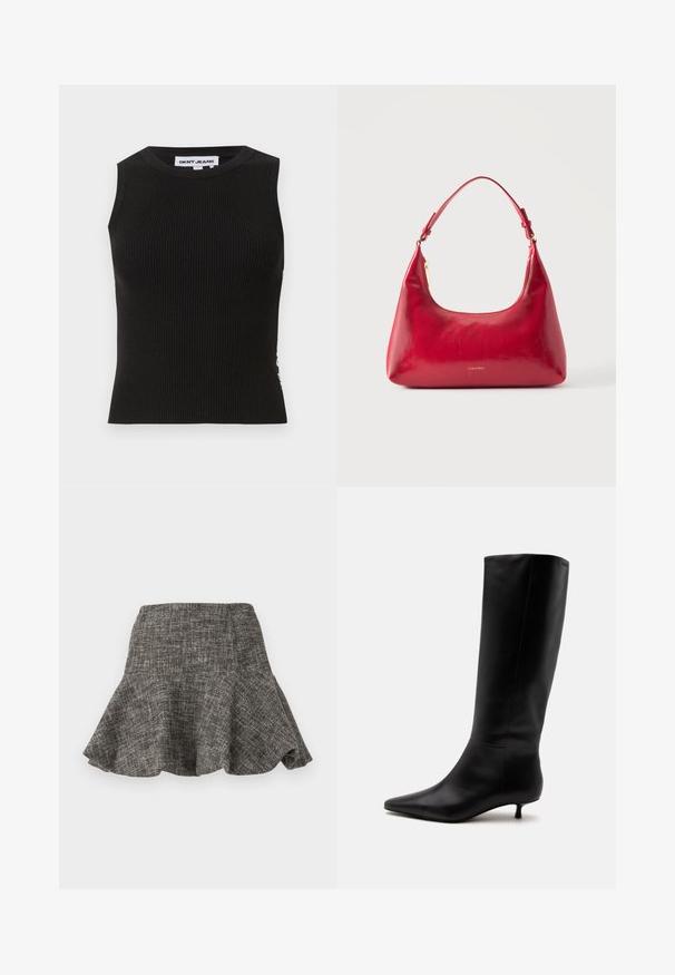 Débardeur noir côtelé avec un col rond, présentant une coupe ajustée et une texture subtile. Les côtes s'étendent sur tout le tissu.; Pinko HOT DOGS GONNA ACCOPPIATA - Jupe ballon - nero/marrone/bianco; Botte noire en cuir jusqu'au genou avec bout pointu et petit talon kitten sur un fond clair uni.; Sac à épaule en cuir rouge avec fermeture éclair dorée et sangle réglable, logo Calvin Klein centré à l'avant.