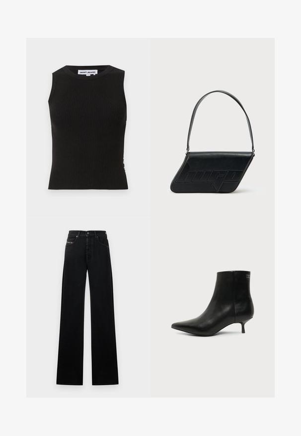 Débardeur noir côtelé avec un col rond, présentant une coupe ajustée et une texture subtile. Les côtes s'étendent sur tout le tissu.; Jean noir à jambes larges en denim, avec une fermeture frontale à boutons, cinq poches, et un petit patch logo sur la ceinture.; Bottine en cuir noir avec bout pointu et petit talon kitten sur fond clair, vue côté extérieur.; Sac d'épaule en cuir noir de forme triangulaire, avec un logo embossé et une seule bandoulière réglable. Design minimaliste avec une texture lisse.