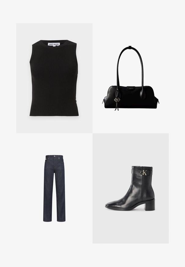 Schwarzes, geripptes Tanktop mit Rundhalsausschnitt, das eine figurbetonte Passform und subtile Textur aufweist. Die Rippung zieht sich über den gesamten Stoff.; Dunkelblaue Jeans mit geradem Bein, Vordertaschen, Gürtelschlaufen und Knopfverschluss in der Taille.; Schwarze Leder-Ankle Boots mit spitzem Zehenbereich, Blockabsatz und einem Riemen mit einem metallischen Logodetail. Glatte Textur und minimales Design.; Schwarze Lederhandtasche von Calvin Klein mit langen Henkeln, einem vorderen Logo-Tag und einem silbernen geometrischen Anhänger, der an einem Henkel hängt.