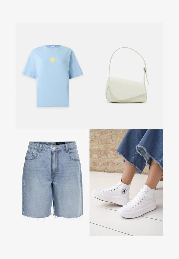T-shirt bleu clair à manches courtes avec un petit motif de soleil jaune centré sur la poitrine sur un fond uni.; Shorts en denim bleu clair à taille haute, avec cinq poches, un ourlet effiloché et une fermeture à bouton classique. Fabriqué à partir d'un tissu doux et texturé.; Personne portant des baskets Converse blanches montantes avec des semelles épaisses et un jean bleu court à ourlet effiloché, contre un mur en briques et un sol blanc.; Sac à main en cuir synthétique blanc avec une forme triangulaire structurée, une bandoulière unique réglable et un rabat à courbes accentuées.