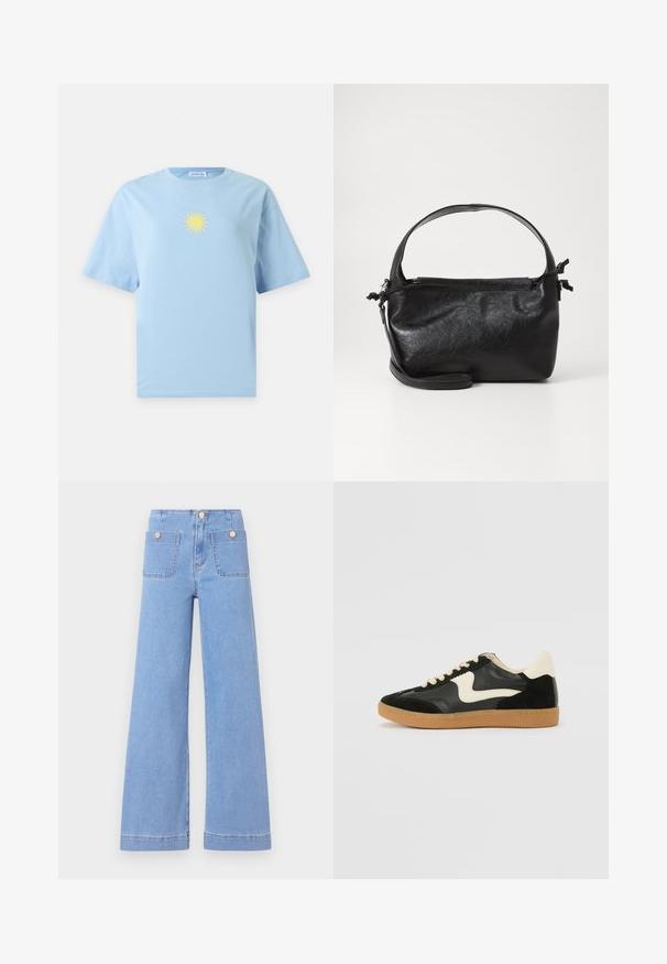 T-shirt bleu clair à manches courtes avec un petit motif de soleil jaune centré sur la poitrine sur un fond uni.; Jeans larges bleu clair à taille haute, dotés de deux poches arrière et de boutons dorés. Fabriqués en denim avec une texture lisse et une finition soignée.; Baskets en daim et cuir noir avec un swoosh latéral crème et un talon crème clair. Dotées de lacets beige et d'une semelle en caoutchouc gomme.; Sac à main en cuir noir au design structuré, avec une poignée arrondie et une bandoulière amovible. Présente une texture lisse et un éclat subtil.