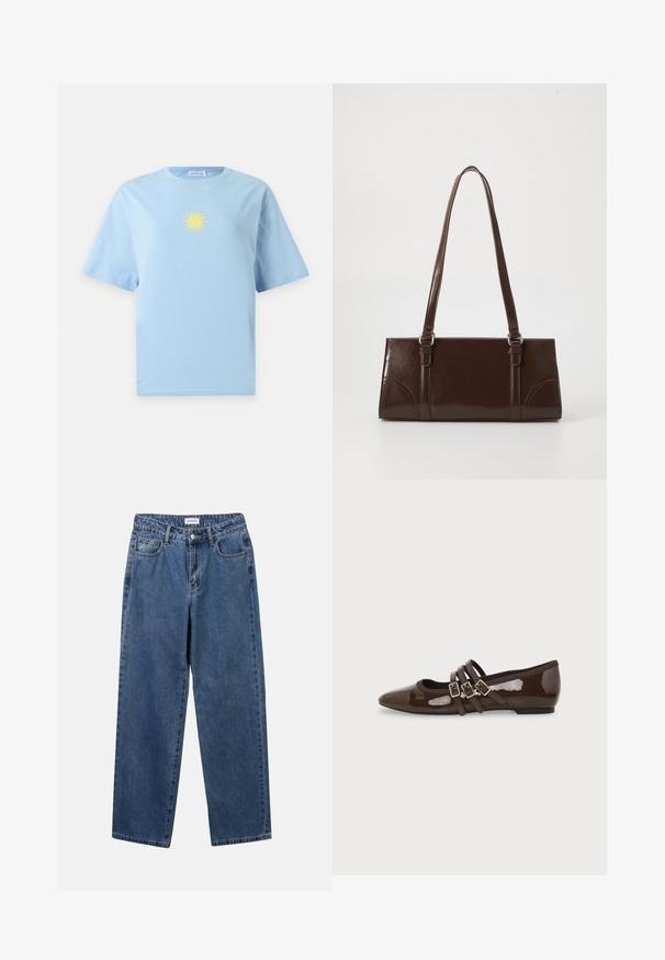 T-shirt bleu clair à manches courtes avec un petit motif de soleil jaune centré sur la poitrine sur un fond uni.; Jean en denim bleu classique avec une coupe droite, cinq poches et une fermeture par bouton. Présente un lavage moyen et une texture robuste.; Chaussure plate en cuir verni marron avec bout pointu et trois brides ajustables à boucle sur le côté, vue du profil extérieur.; Sac à main en cuir verni marron de forme rectangulaire, avec deux longues poignées et des accents courbés subtils à l'avant.