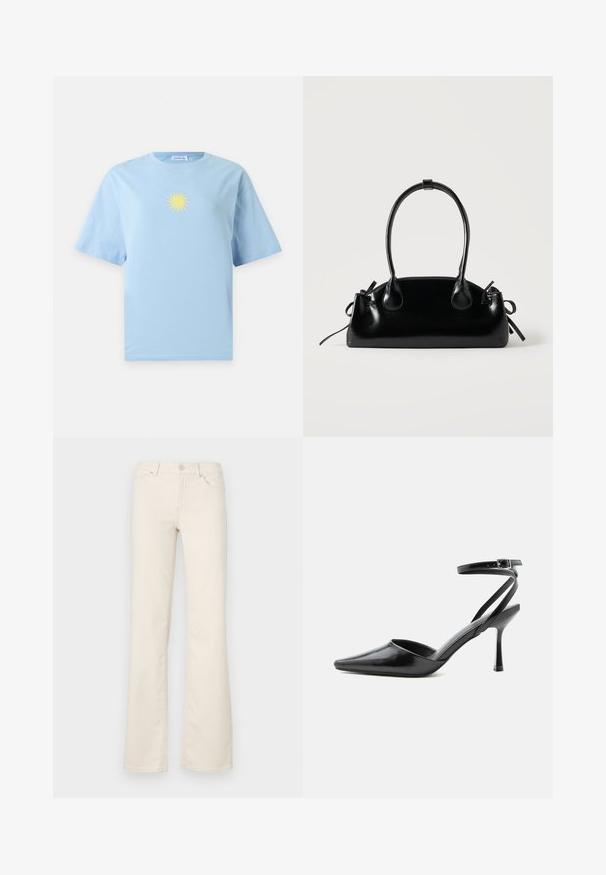 T-shirt bleu clair à manches courtes avec un petit motif de soleil jaune centré sur la poitrine sur un fond uni.; Pantalons beiges évasés en mélange de coton, dotés de poches standard, d'une fermeture à bouton sur le devant et de détails de couture le long des coutures.; Escarpin noir à bout pointu avec fines brides de cheville et fermeture à boucle argentée sur fond clair uni.; Petit sac à main noir brillant avec deux longues anses et des détails à cordon sur les côtés sur un fond clair uni.