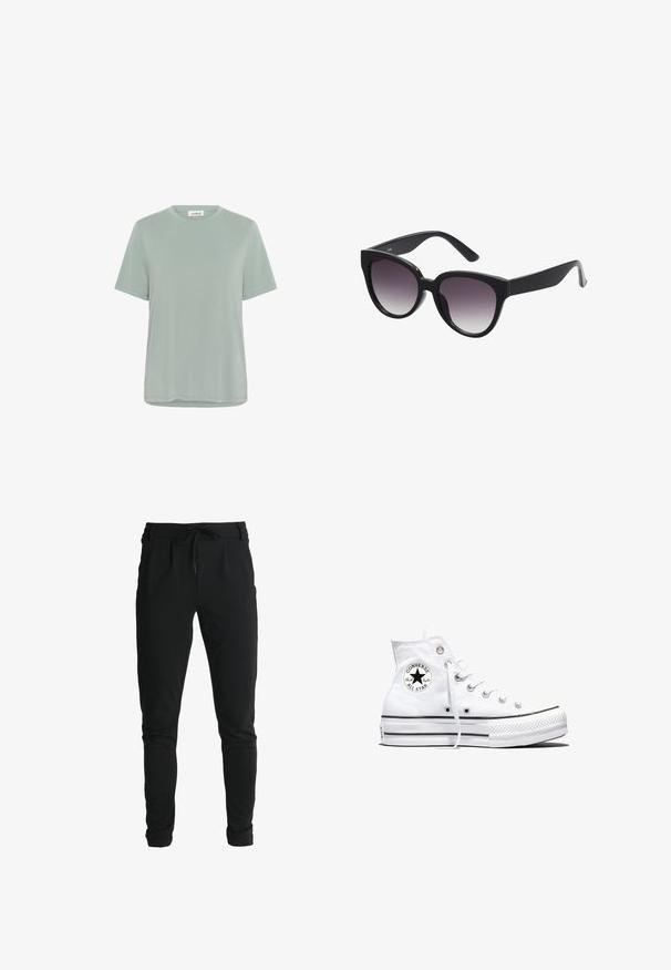 Mintgroene T-shirt met korte mouwen van een zachte, lichte stof, met een ronde hals en een ontspannen pasvorm. Minimale stikdetails op de zoom en mouwen.; ONLY Tall ONLPOPTRASH LIFE EASY - Trainingsbroek - black; Witte hoge Converse Chuck Taylor All Star sneaker met zwart logopatch en witte veters, weergegeven op een witte achtergrond.; Zwarte cat-eye zonnebril met grijs verlooplenzen. Dikke, glanzende kunststof montuur en taps toelopende armen. Geen zichtbare merknaam of versieringen.
