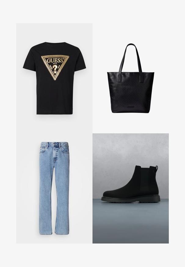 Guess CHAIN - T-shirt print - jet black; Lichtblauwe denim jeans met een recht ontwerp, vijf zakken en een knoopsluiting. Stikdetails nabij de zakken en de tailleband.; Zwarte enkelboot van soepel materiaal met subtiele stiksels, een rubberen zool en een slank ontwerp, gepositioneerd boven een houten textuur.; Zwarte draagtas met twee lange handvatten, subtiel geometrisch patroon, rechthoekige vorm en een klein merkembleem vlak bij de onderkant in het midden.