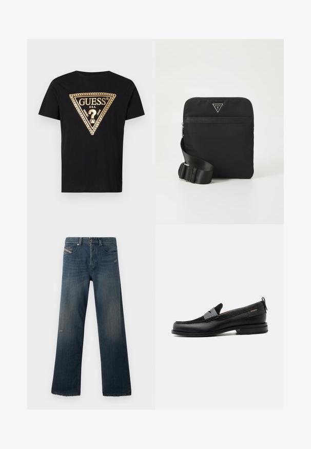 Guess CHAIN - T-Shirt print - jet black; Blaue Jeans aus Denim mit einem geraden Bein, verblasster Textur, fransigem Saum und abgenutzten Details an der vorderen Tasche und im Oberschenkelbereich.; Schwarzer Lederloafer mit grauem Riemendetail, niedrigem Absatz und strukturierter Sohle, seitlich mit „HUGO“ in Gold gebrandmarkt.; Schwarze Nylon-Crossbody-Tasche mit verstellbarem Trageriemen, Reißverschluss, Fronttasche und Logoemblem in Silberoptik. Flache rechteckige Form, glatte Textur.