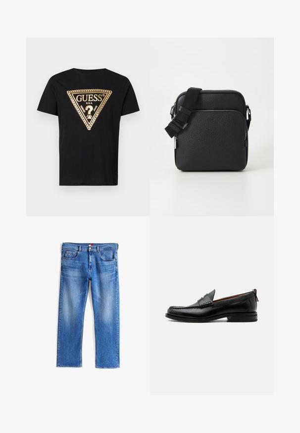 Guess CHAIN - T-shirt print - jet black; Blauwe spijkerbroek met een rechte pasvorm, voorzien van voor- en achterzakken, zilveren hardware en subtiele vervaging in de stof.; Zwarte leren herensloffen met moc toe stiksel, pennyriem, gestructureerde kraag en lage gestapelde hak op witte achtergrond.; Zwarte leren schoudertas met een gestructureerd oppervlak, voorzien van een voorzak met rits, een verstelbare schouderband en metalen accenten.