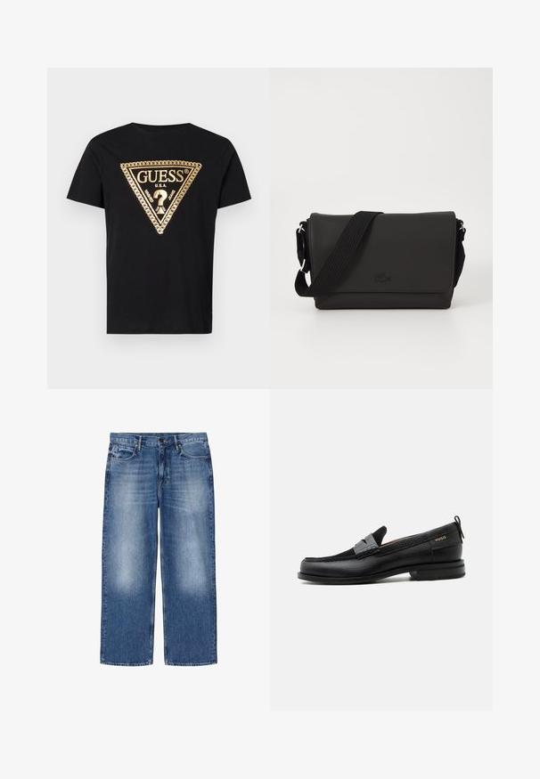 Guess CHAIN - T-Shirt print - jet black; Hellblaue, ausgewaschene Straight-Leg-Denim-Jeans mit fünf Taschen und Knopfverschluss, flach auf weißem Hintergrund dargestellt.; Schwarzer Lederloafer mit grauem Riemendetail, niedrigem Absatz und strukturierter Sohle, seitlich mit „HUGO“ in Gold gebrandmarkt.; Lacoste MESSENGER BAG MEN CLASSIC - Umhängetasche - noir