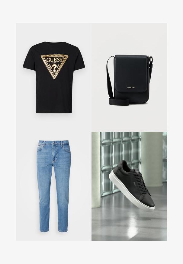 Guess CHAIN - T-shirts print - jet black; Lys blå denim jeans med lige snit, fem-lomme design og subtilt slid. Har knaplukning og bæltestropper.; Sort læder lavtop sneaker med hvid sål og sorte snørebånd, vist som svævende over en poleret beton gulv nær vægge af glasblokke.; Sort Calvin Klein crossbody-taske med klap, justerbar rem og lille guldlogo på forsiden, mod en ens hvid baggrund.
