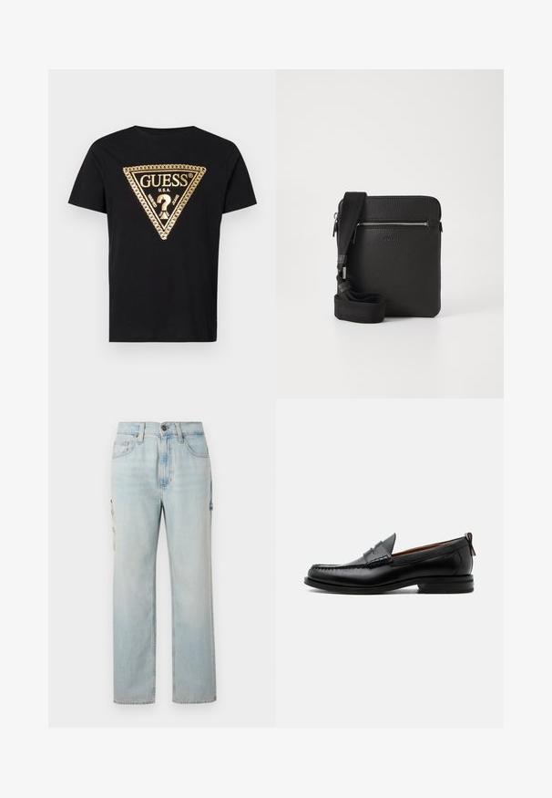 Guess CHAIN - T-Shirt print - jet black; Hellblaue Denim-Cargohosen mit geradem Bein, ausgestattet mit zwei Seitentaschen und einem Knopfverschluss. Dezentes Verblassen sorgt für eine strukturierte Optik.; Schwarzer Leder-Herrenschuh mit Mokassinnaht, Penny-Riemen, strukturiertem Kragen und niedrigem gestapeltem Absatz auf weißem Hintergrund.; Schwarze Leder-Umhängetasche mit strukturierten Oberflächen, einem Reißverschluss-Frontfach und einem verstellbaren Stoffgurt. Einfaches quadratisches Design.