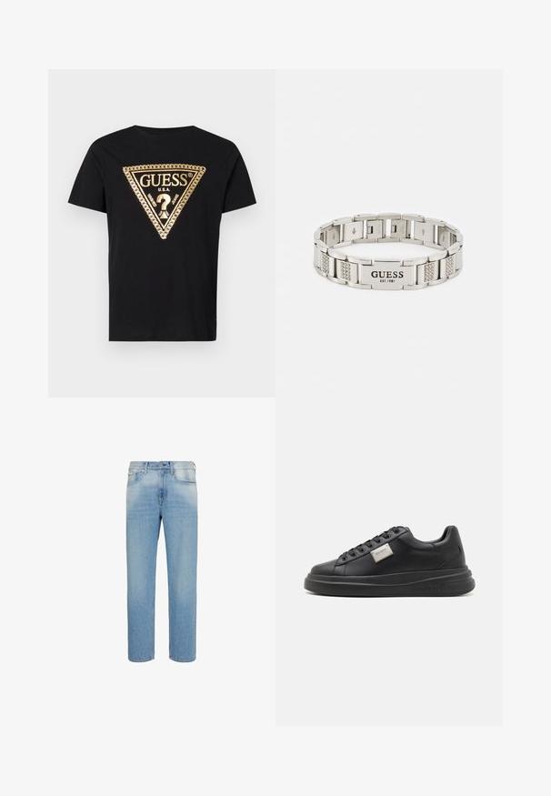 Guess CHAIN - T-Shirt print - jet black; Hellblaue Jeans mit geradem Bein, Vordertaschen, Gürtelschlaufen und Knopfleiste, vor weißem Hintergrund präsentiert.; Schwarzer Ledersneaker mit abgerundetem Zehenbereich, flacher Sohle und Schnürdesign. Verfügt über eine metallicfarbene Logo-Plakette an der Seite und eine glatte Textur.; Guess FLAT CHAIN UNISEX - Armband - silver-coloured