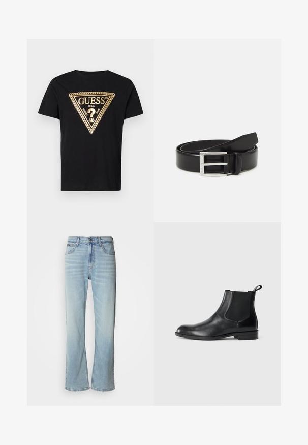 Guess CHAIN - T-shirt print - jet black; Lichtblauwe denim jeans met een rechte pijp, voorzien van vijf zakken, een knoopsluiting en subtiele vervaging op de stof.; Zwarte leren enkelboot met elastische zijpanelen, ronde neus en een trekhaak. Gladde textuur, platte zool, minimalistisch ontwerp.; Zwarte leren riem met een glanzende afwerking; voorzien van een zilveren metalen gesp met een rechthoekig frameontwerp en gladde randen.