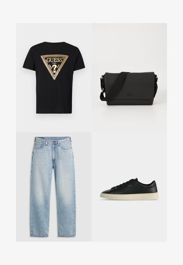 Guess CHAIN - T-shirt print - jet black; Lichtblauwe rechte jeans met vijf zakken, metalen knoopsluiting en vervaagde details op de dijen en knieën, plat gelegd op een witte achtergrond.; Zwarte lage leren sneaker met witte zool, zwarte veters en klein gouden BOSS-logo aan de zijkant.; Lacoste MESSENGER BAG MEN CLASSIC - Schoudertas - noir