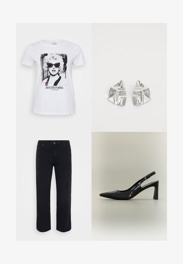 T-shirt en coton blanc avec un graphisme noir et blanc d'une femme portant des lunettes de soleil, avec le texte "Marilyn" et "États-Unis d'Amérique".; Jeans en denim noir avec une coupe droite. Les caractéristiques incluent une fermeture à bouton à la taille, des passants de ceinture et des poches avant/arrière. Texture lisse.; Escarpin slingback en cuir verni noir, bout pointu, talon bloc de hauteur moyenne et bride ajustable avec boucle.; Boucles d'oreilles en métal argenté avec un design ondulé et sculptural, présentant une finition polie et des formes irrégulières, mettant en valeur une esthétique contemporaine.