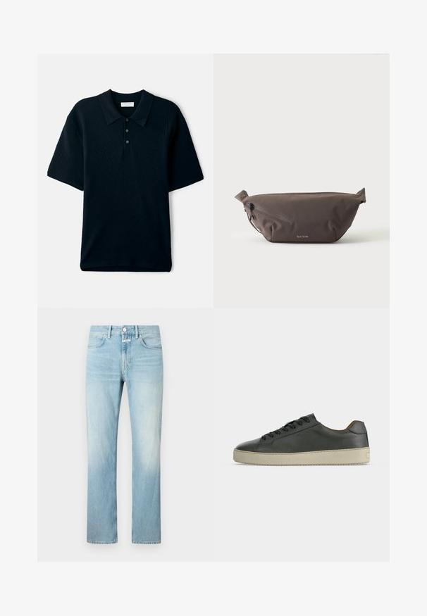Marineblaue kurzärmlige Poloshirt mit strukturiertem, geripptem Design, einem Kragen und einer Drei-Knopf-Leiste.; Hellblaue Denim-Jeans mit geradem Bein, ausgestattet mit einem klassischen Fünf-Taschen-Design und einem Knopfverschluss.; Schwarzer Low-Top-Lederschuh mit schwarzen Schnürsenkeln und cremeweißer Gummisohle, von der Außenseite vor weißem Hintergrund gesehen.; Dunkelbraune Stoff-Gürteltasche mit diagonalem Reißverschlussfach und kleinem weißen Logo vorne, vor einem einfarbigen hellen Hintergrund.