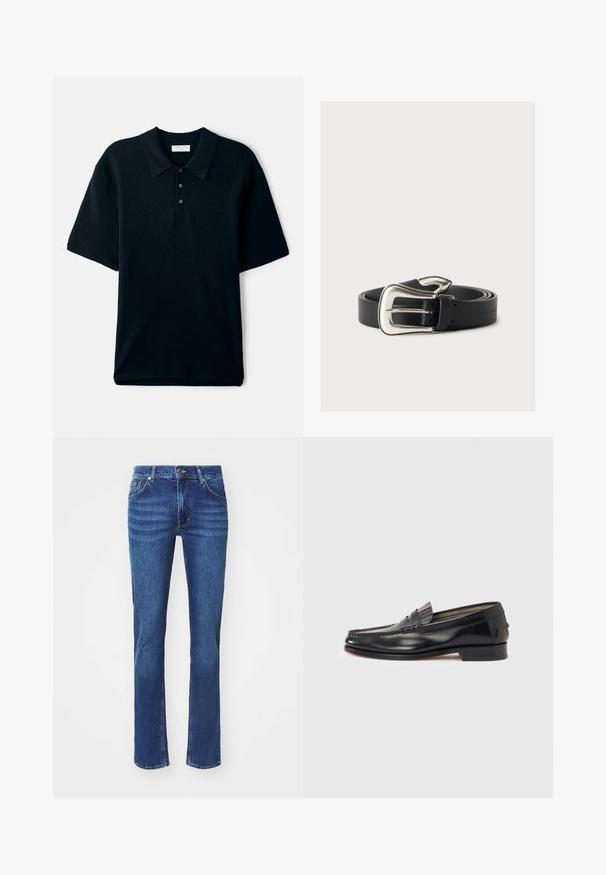 Marineblauwe polo met korte mouwen, voorzien van een gestructureerd ribpatroon, een kraag en een drieknoopsluiting.; Donkerblauwe denim jeans met een recht model, voorzien van subtiele vervaging, vijf zakken en een knoopsluiting. Neutrale stiksels als accent.; Zwarte leren loafers met een mocassin-stijl ontwerp, voorzien van een decoratieve band en stiksel detail op het bovenwerk. Lage blokhak.; Zwarte leren riem met een grote zilveren westernstijl gesp, opgerold op een neutrale achtergrond.