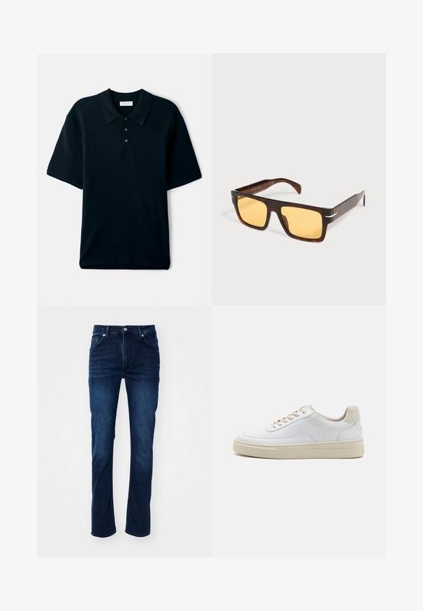 Marineblaue kurzärmlige Poloshirt mit strukturiertem, geripptem Design, einem Kragen und einer Drei-Knopf-Leiste.; Dunkelblaue Jeans aus Denim im geraden Schnitt, mit einem klassischen Fünf-Taschen-Design und dezenten Nähdetails.; Weiße Sneaker mit einem glatten Lederobermaterial, beigen Schnürsenkeln und einer strukturierten, beigen Wildleder-Fersenschlaufe. Erhöhte Sohle für zusätzlichen Komfort.; Rechteckige Schildpatt-Sonnenbrille mit breitem Rahmen und gelben Gläsern auf weißem Hintergrund.