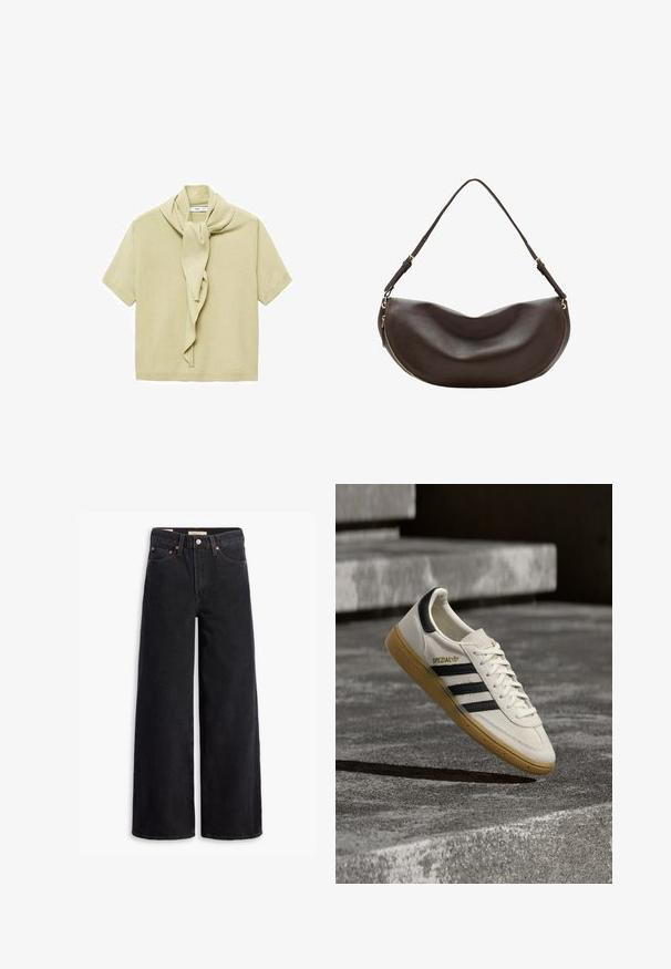 Lichtbeige korte mouwen gebreid top met een bevestigde sjaaldetail die rond de halslijn hangt.; Zwarte brede jeans gemaakt van denim, met vijf zakken, koperen klinknagels en een klassieke knoopsluiting. Glad van textuur met een strakke uitstraling.; Witte Adidas Spezial sneaker met zwarte strepen en gumzool, zwevend boven grijze stenen trappen buiten.; Donkerbruine leren schoudertas met een gebogen vorm, verstelbare riem en een gouden rits langs de onderrand.