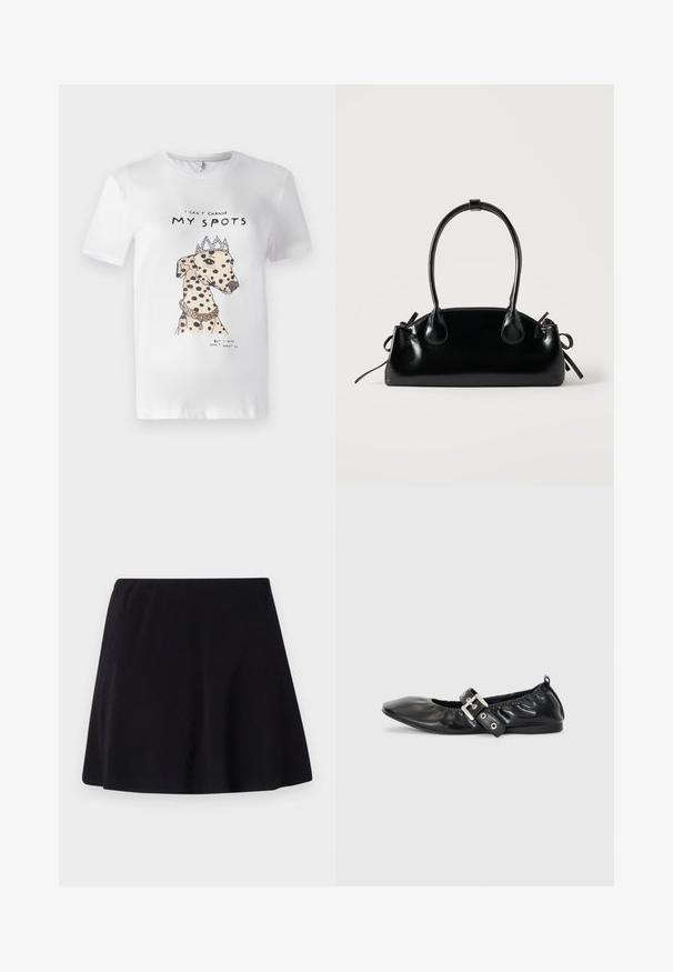 T-shirt en coton blanc avec une illustration imprimée d'un chien tacheté portant une couronne et un collier, avec le texte "Je ne peux pas changer MES TACHES."; Jupe noire, longueur au-dessus du genou, fabriquée dans un tissu léger avec une texture subtile, dotée d'un design évasé et d'une ceinture élastique.; Chaussure plate en cuir noir avec un nez pointu, des détails froncés autour de l'ouverture et un accent en boucle argentée sur la bride ajustable.; Petit sac à main noir brillant avec deux longues anses et des détails à cordon sur les côtés sur un fond clair uni.