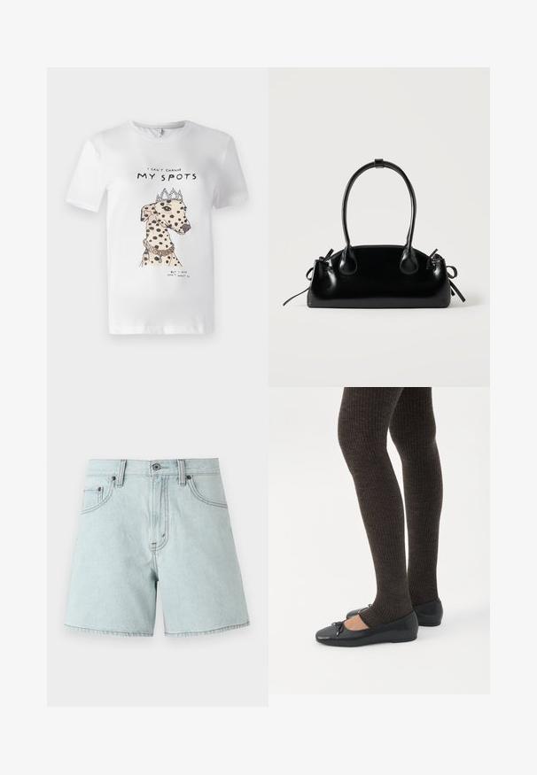 T-shirt en coton blanc avec une illustration imprimée d'un chien tacheté portant une couronne et un collier, avec le texte "Je ne peux pas changer MES TACHES."; Shorts en denim bleu clair avec taille haute, comprenant deux poches avant, une fermeture à bouton et des détails de couture sur les côtés.; Jambes portant des leggings côtelés foncés associés à des ballerines noires avec de petits détails en nœud sur fond blanc.; Petit sac à main noir brillant avec deux longues anses et des détails à cordon sur les côtés sur un fond clair uni.