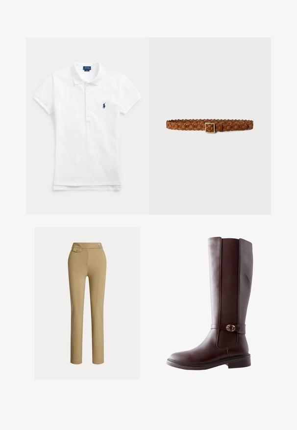 Wit polo shirt met korte mouwen, kraag, knoopsluiting en blauw geborduurd logo op de linkerborst.; Beige op maat gemaakte broek met een zachte textuur, hoge taille, twee decoratieve knopen en een enkele achterzak. Recht gesneden ontwerp.; Next STANDARD FIT - FOREVER COMFORT ROUND BUCKLE DETAIL - Laarzen - new chocolate brown; Geweven bruine leren riem met een rechthoekige gouden gesp, voorzien van een geweven patroon en een gladde textuur over de hele lengte.
