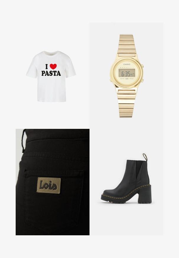 Hvid bomuld t-shirt med korte ærmer, med sort skrift der siger "JEG ELSKER" og et rødt hjerte over ordet "PASTA."; Sorte stofbukser med en baglomme, der har et brunt mærke prægede med "Lois" i mørk skrift. Syningerne er synlige.; Sorte læder ankelstøvler med blokhæle. Har elastiske sidepaneler og gule stikninger langs sålen. Struktureret gummisål.; Guldtonet digitalt armbåndsur med et rektangulært urskive, rem lavet af sammenkoblede metalsegmenter, og en skærm der viser tid og vandmodstand.