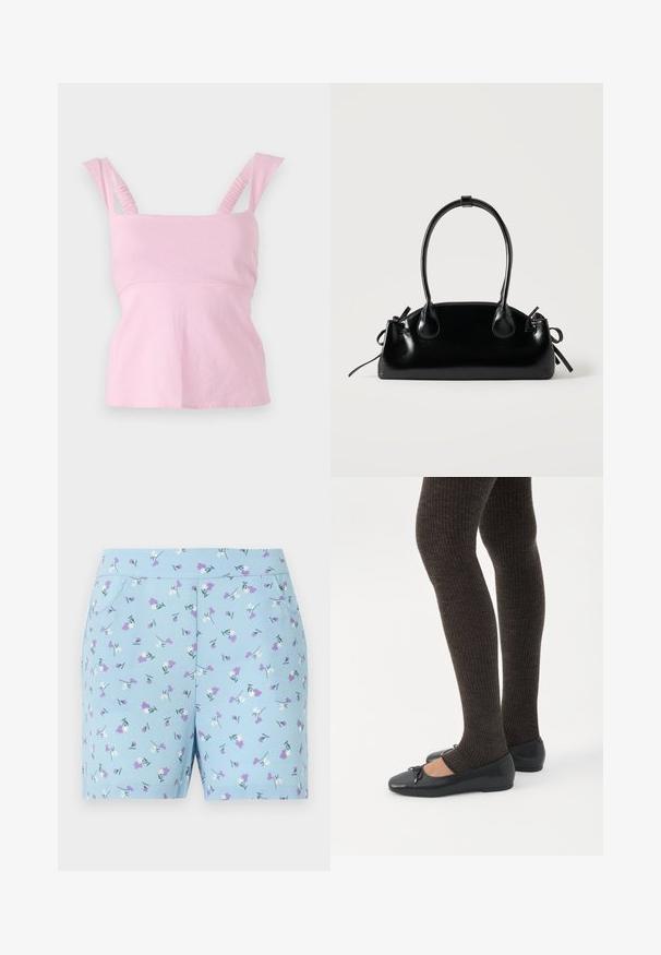 Pink ærmeløs top med firkantet udskæring. Har rynkede skulderstropper og en tætsiddende silhuet med en let udvidet kant.; Blå shorts lavet af blødt stof, prydet med et blomstermønster med hvide og lilla blomster, samt sidelommer. Designet til komfort og stil.; Ben iført mørke ribbede leggings kombineret med sorte balletsko med små sløjfedetaljer på hvid baggrund.; Lille sort blank håndtaske med to lange håndtag og snøre-detaljer i siden på en ensfarvet lys baggrund.
