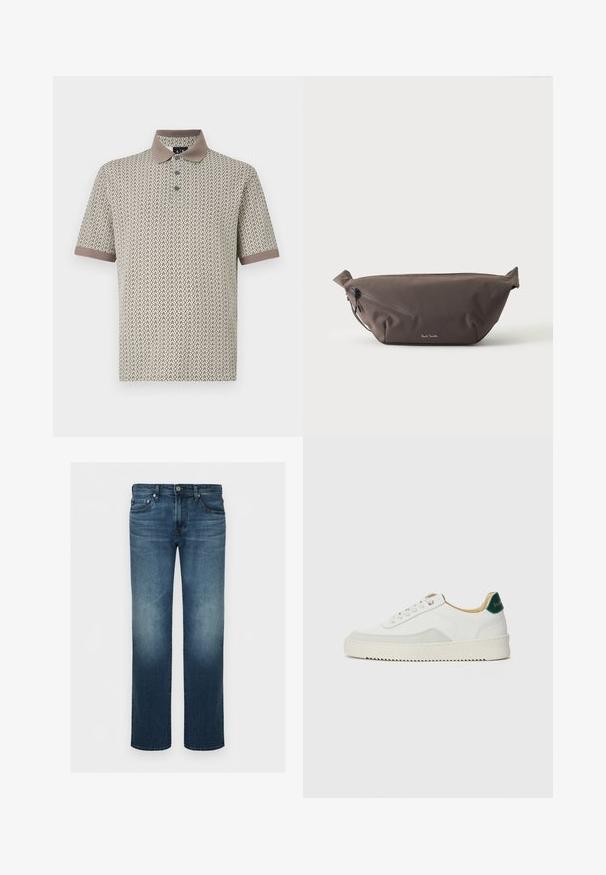 Korte mouwen polo shirt in beige stof met een bruine kraag en een patroon van herhalende zigzagvormen in donkere tonen.; Blauwe denim jeans met een rechte pijp, voorste knoop en ritssluiting en vijf zakken, getoond tegen een effen achtergrond.; Witte sneaker met suède accenten, ronde neus, platte veters en een crème rubberen zool. Bevat groene branding op de hiel.; Donkerbruine stoffen heuptas met diagonale ritssluiting en klein wit logo aan de voorkant, tegen een effen lichte achtergrond.