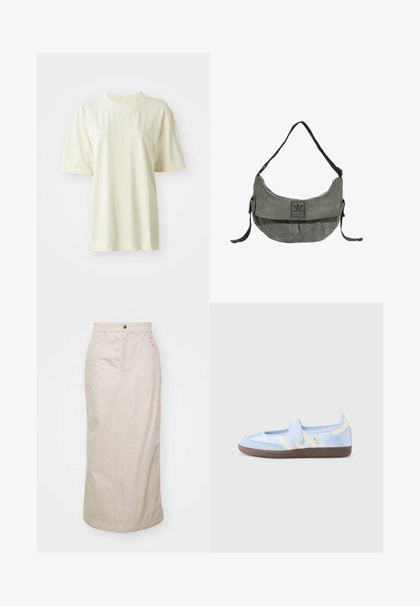Romiggekleurig katoenen T-shirt met een ronde hals, korte mouwen en een reliëf "adidas" logo op de borst. Gladde textuur en relaxte pasvorm.; Beige gestreepte rok met een hoge taille, verborgen rits en metalen knoopsluiting. Inclusief een klein merklabel aan de voorkant.; Lichtblauwe sneaker met klittenbandsluiting, crèmekleurige strepen aan de zijkanten, zachte stoffen bovenzijde, gestructureerde bruine rubberen zool.; Grijze Adidas schoudertas van stof met zwarte verstelbare riem en een voorflap met Adidas-logo.