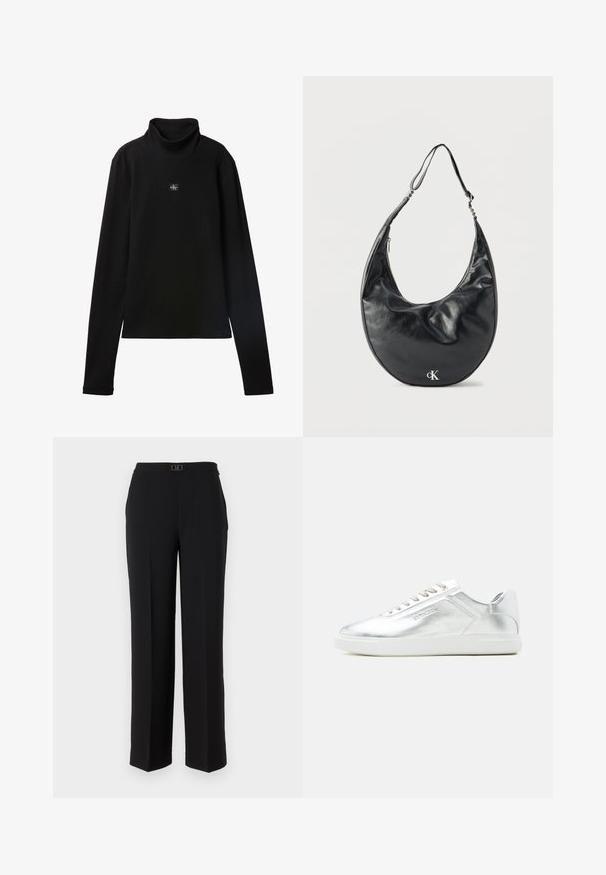 Sort ribstrikket bluse med lange ærmer og lille firkantet Calvin Klein-logo placeret centralt på brystet.; Sorte skræddersyede bukser lavet af glat stof, med en lige ben-design, en talje med en dekorativ sølvspænde og uden synlige mønstre.; Lavtskåret metallic sølv sneaker med hvid sål og snørebånd, glat tekstur og subtil præget branding på siden.; Sort læder skuldertaske i halvmåneform med justerbar rem og sølvfarvet "cK"-logo foran, mod hvid baggrund.