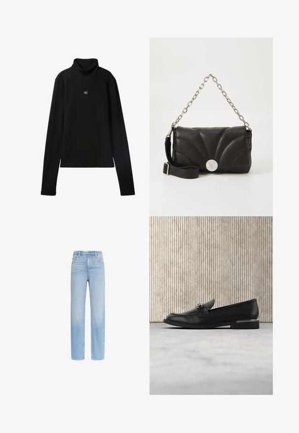 Sort ribstrikket bluse med lange ærmer og lille firkantet Calvin Klein-logo placeret centralt på brystet.; Lyseblå højttaljede jeans med lige ben, fem lommer og knaplukning, vist på hvid baggrund.; Sorte læder loafers har en rund tå, en flad sål og en metallisk detalje på remmen. Skoen har en glat overflade og en poleret finish.; Sort læder håndtaske med bølgeformet mønster, sølvhardware, kædestrop og aftagelig læder skulderrem. Rundt logo-detalje på forsiden.