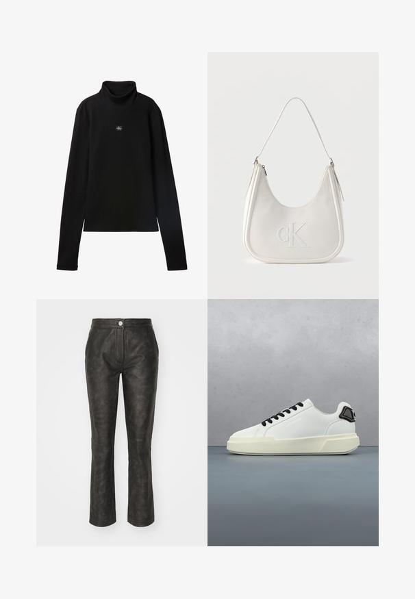 Sort ribstrikket bluse med lange ærmer og lille firkantet Calvin Klein-logo placeret centralt på brystet.; Sorte læderbukser med en skræddersyet pasform, der har en foran knappet lukning og en let flared kant. Glat tekstur og minimal dekoration.; Hvid sneakers med sorte snørebånd og hældetalje, der svæver over en træblok overflade udendørs nær grønne planter og en betonvæg.; Hvid skuldertaske i læder med lynlås, buet form og forhøjet CK-logo prægget på forsiden.