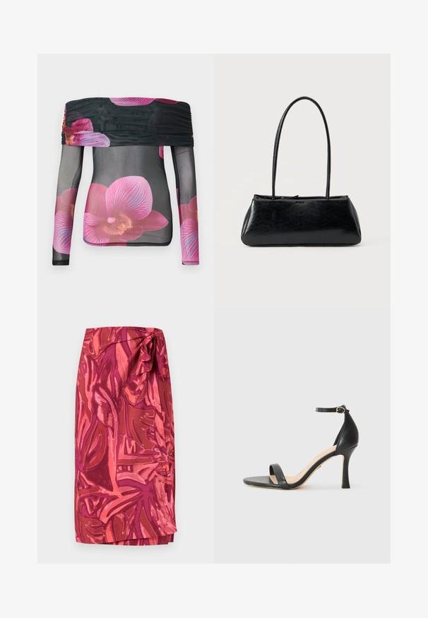 Haut à manches longues dénudées, en tissu noir transparent avec un motif floral d'orchidées roses vives et un accent froncé au niveau du col.; Jupe portefeuille avec un motif floral abstrait rose et rouge, nouée en un nœud à la taille, longueur midi.; Sandale à talons hauts en cuir noir avec une fine bride de cheville, bout ouvert et un talon élégant et courbé. Semelle texturée et design minimaliste.; Sac à épaule rectangulaire noir avec de longues bretelles fines et une texture lisse et brillante sur un fond uni.