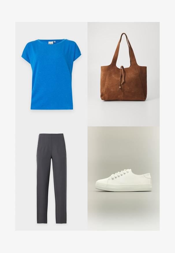 Blauw T-shirt met korte mouwen, gemaakt van een zachte stof met een relaxte pasvorm. Ronde halslijn en subtiele textuur met lichte spikkels overal.; Donkergrijze rechte broek met hoge taille en subtiele voorplooien, afgebeeld tegen een effen lichte achtergrond.; Witte lage sneaker met witte veters en rubberen zool, zijaanzicht op een neutrale achtergrond.; Bruine suede tote bag met twee lange handvatten, trekkoordsluiting en een gladde textuur. Kenmerkt zich door een eenvoudig ontwerp en minimale accenten.