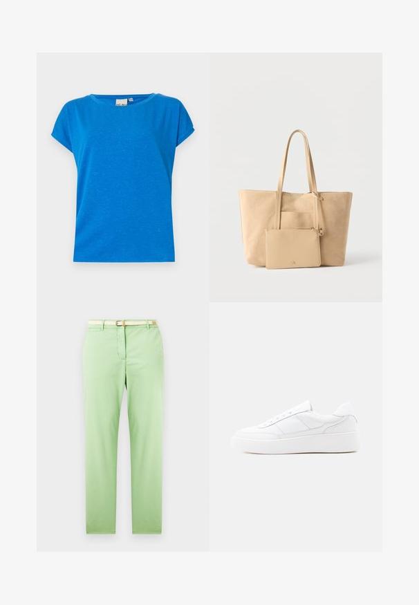 Camiseta corta de manga corta en azul, hecha de una tela suave con un corte holgado. Cuello redondo y una textura sutil con pequeñas motas de luz en todo su diseño.; Pantalones de algodón verde claro con un corte recto, que cuentan con un cinturón tejido beige, un bolsillo delantero y sin patrones visibles ni embellishments.; Zapatilla blanca de corte bajo con suela gruesa, diseño con cordones y detalles de costura sutiles sobre un fondo claro y uniforme.; Bolso tote de ante beige con asas largas y un bolso con cremallera a juego adjunto sobre un fondo blanco liso.
