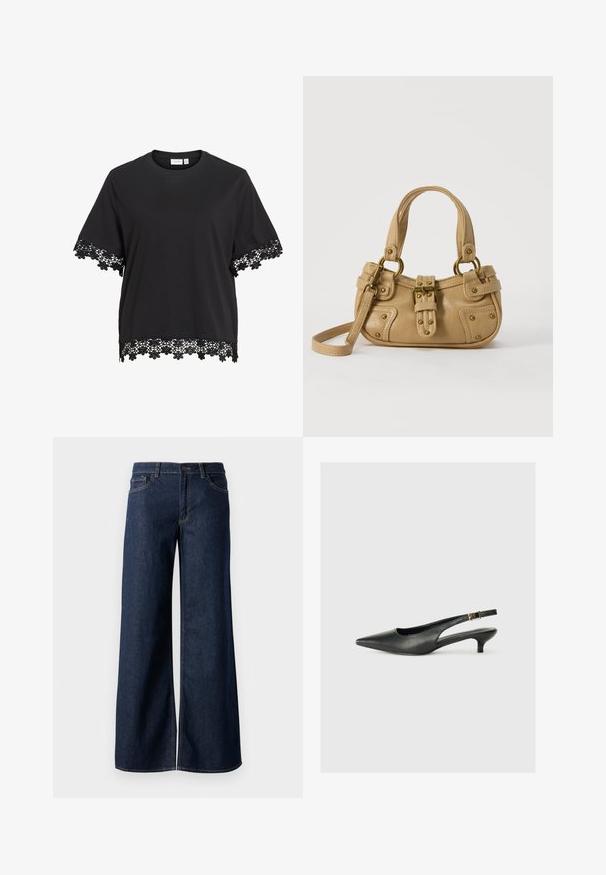 Haut noir à manches courtes avec col rond présentant une bordure en dentelle florale aux manches et à l’ourlet.; Jean large en denim bleu foncé. Présente des coutures contrastées, cinq poches et une fermeture par bouton à la taille. Texture lisse.; Chaussure slingback noire à bout pointu en cuir lisse. Présente un talon fin et un détail de boucle sur la sangle réglable.; Sac à main en cuir beige avec double poignées, boucle en laiton et détails rivetés, ainsi qu'une bandoulière réglable sur fond blanc.
