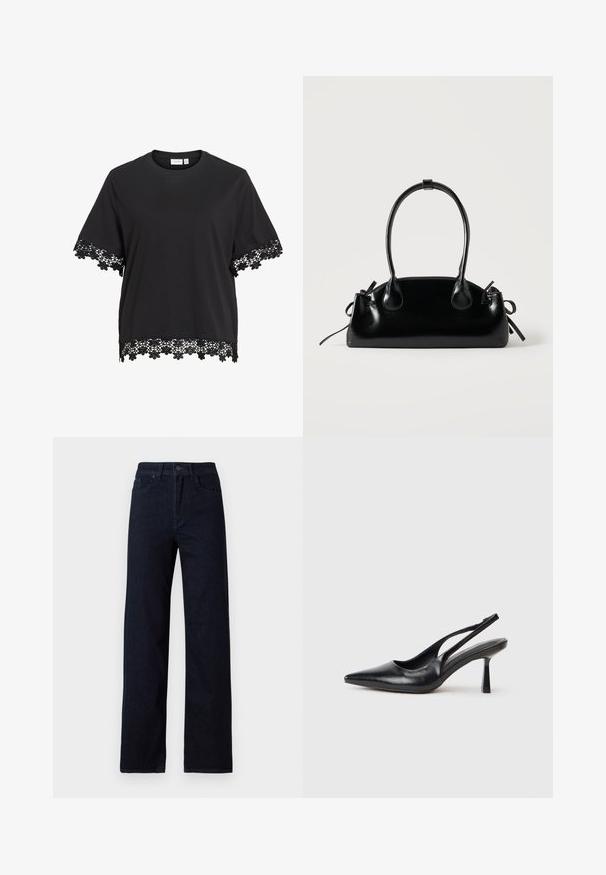 Haut noir à manches courtes avec col rond présentant une bordure en dentelle florale aux manches et à l’ourlet.; Jeans en denim bleu foncé avec une coupe droite, comportant cinq poches, une fermeture à bouton sur le devant, et une texture subtile sans embellissements.; Chaussure à talon haut en cuir noir, à bride arrière, avec un bout pointu et un talon fin sur fond blanc.; Petit sac à main noir brillant avec deux longues anses et des détails à cordon sur les côtés sur un fond clair uni.