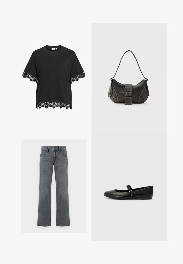 Haut noir à manches courtes avec col rond présentant une bordure en dentelle florale aux manches et à l’ourlet.; Jeans en denim gris à jambe droite avec bouton frontal, fermeture éclair et cinq poches, présentés sur un fond blanc.; Ballerines en cuir noir avec un bout arrondi, une semelle plate et une fine sangle ajustable sur le cou-de-pied avec une boucle en métal.; Sac à épaule en cuir noir avec une sangle à boucle, des bords arrondis et des coutures blanches contrastées sur un fond uni.