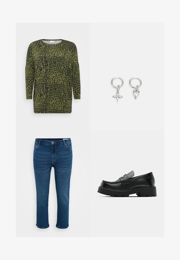 Løveplet top med lange ærmer, grøn baggrund og sorte pletter. Rund halsudskæring og blød stofstruktur med en afslappet pasform.; Mørkeblå denim jeans med lige ben, der har traditionelt fem-lomme design, sølvknap og subtile falmede linjer.; Sorte læder loafers med en chunky tekstureret sål, der har en rem over vamps og en glat, poleret finish.; Sølv hoop øreringe med et kors og hjerte charm. Glat, skinnende tekstur med en poleret finish. Hver charm hænger fra en sikker løkke.