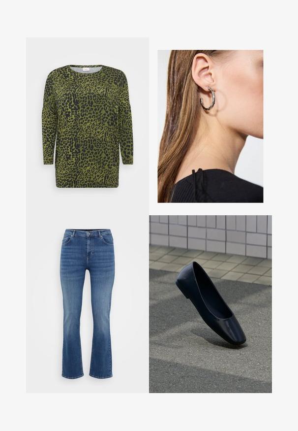 Løveplet top med lange ærmer, grøn baggrund og sorte pletter. Rund halsudskæring og blød stofstruktur med en afslappet pasform.; ONLY Carmakoma Straight fit CARWILLY Mid waist - Jeans Straight Leg - dark blue denim; Sort læder flad sko, stående opret på en asfaltbelægning nær en flisebelagt fortovskant.; Sølv hoop ørestik med en poleret overflade, prydet med små guld accenter og en rund form, båret på øreflippen.
