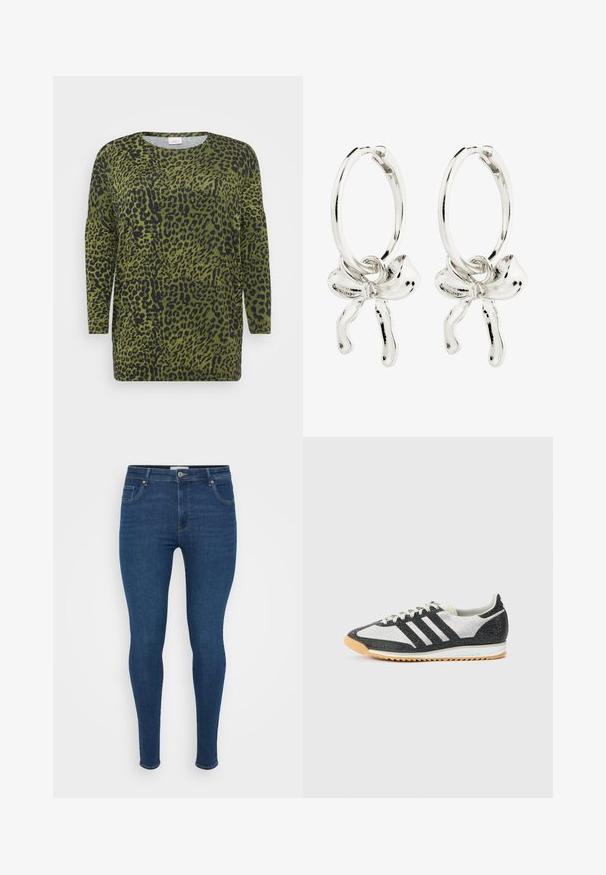 Oberteil mit Leopardenmuster, langen Ärmeln, grünem Hintergrund und schwarzen Flecken. Rundhalsausschnitt und weicher Stoff mit lockerer Passform.; Dunkelblaue Skinny-Jeans aus Denim, mit einem klassischen Fünf-Taschen-Design, flachem Vorderteil und einem Metallknopfverschluss an der Taille.; Schwarz-weißer Sportschuh mit einem Obermaterial aus Mesh, drei schwarzen Streifen, strukturiertem Stoff und einer Laufsohle aus Gummilaufsohle.; Silberne Creolen mit einem Bogen-Detail in der Mitte, die eine polierte Oberfläche und eine glatte Textur präsentieren.