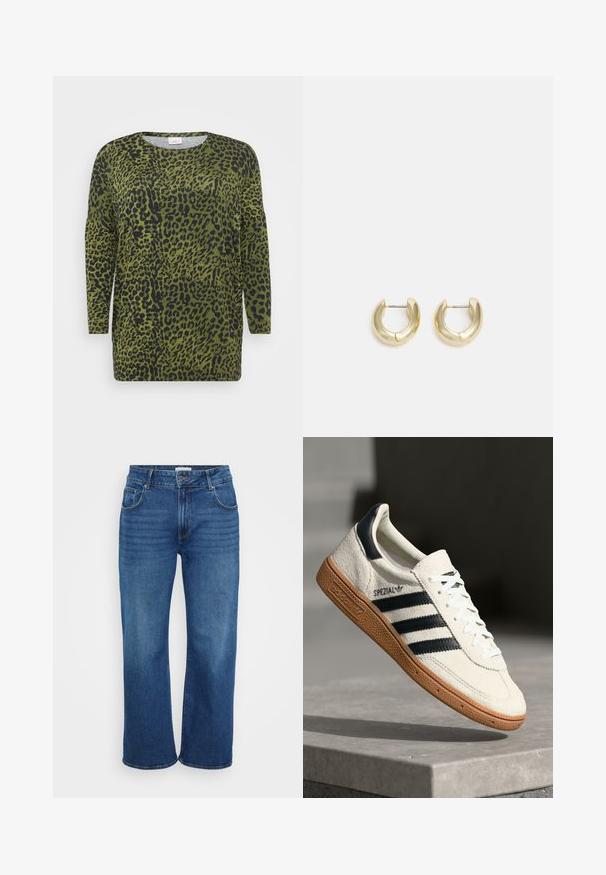 Top de estampado de leopardo con mangas largas, fondo verde y manchas negras. Cuello redondo y textura de tela suave con un ajuste relajado.; Jeans de pierna ancha en denim azul oscuro. Cuenta con cinco bolsillos, trabillas para cinturón y un leve desgastado a lo largo de las piernas. Textura suave con un ajuste estándar.; Zapatilla de ante blanca con franjas en azul marino, suela de goma, parte superior texturizada, puntera redonda y cordones; presenta una marca en el lateral y en la lengüeta.; Pendientes de aro en tono dorado con un acabado suave y pulido. Presentan una forma de medio círculo y un cierre de poste seguro.