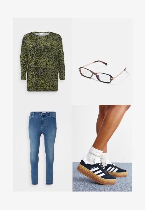 Løveplet top med lange ærmer, grøn baggrund og sorte pletter. Rund halsudskæring og blød stofstruktur med en afslappet pasform.; Slanke jeans i lyseblå denim med en glat tekstur. Har høj talje, bæltestropper og forlommer. Klassisk fem-lommes design.; Ben iført hvide sokker og sorte Adidas Gazelle sneakers med hvide striber og tykke brune såler på et gråt tæppe.; Rektangulære briller med en ramme i skildpaddemønstret plastik, guldfarvede metal detaljer og klare linser. Slanke arme med en subtil kurve.