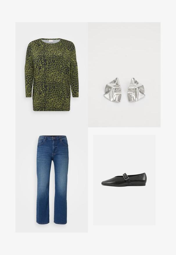 Løveplet top med lange ærmer, grøn baggrund og sorte pletter. Rund halsudskæring og blød stofstruktur med en afslappet pasform.; Mørkeblå denim jeans med lige ben-design, fem lommestil og en knap- og lynlåslukning. Glat tekstur med minimal falming.; Sorte læder flade sko med spidse tæer, prydet med en metallisk spænde over vristen og en lav, fleksibel sål.; Sølvmetal øreringe med et bølgende, skulpturelt design, der har en poleret overflade og uregelmæssige former, hvilket fremhæver en moderne æstetik.
