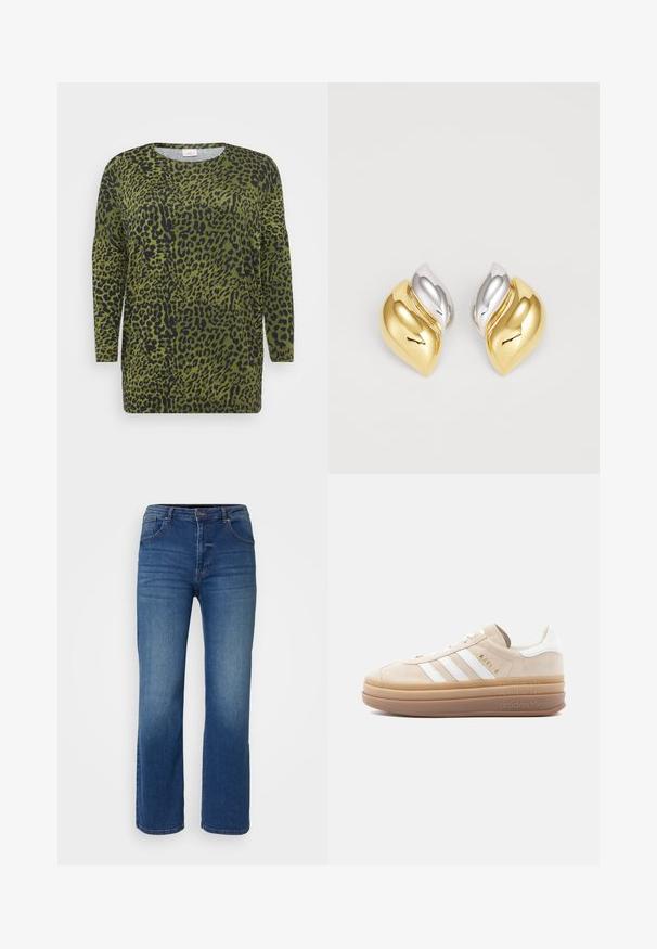 Oberteil mit Leopardenmuster, langen Ärmeln, grünem Hintergrund und schwarzen Flecken. Rundhalsausschnitt und weicher Stoff mit lockerer Passform.; Dunkelblaue Jeans aus Denim im Straight-Leg-Design, mit fünf Taschen, Knopf- und Reißverschluss. Glatte Textur mit minimaler Ausbleichung.; Beige Wildleder-Sneaker mit weißen Lederakzenten, versehen mit drei weißen Streifen, einem goldenen Logo und einer dicken, durchsichtigen Gummisohle.; Gold- und Silberohrringe mit einer runden, geschwungenen Form, die ein wellenförmiges Design und eine polierte Textur aufweisen.
