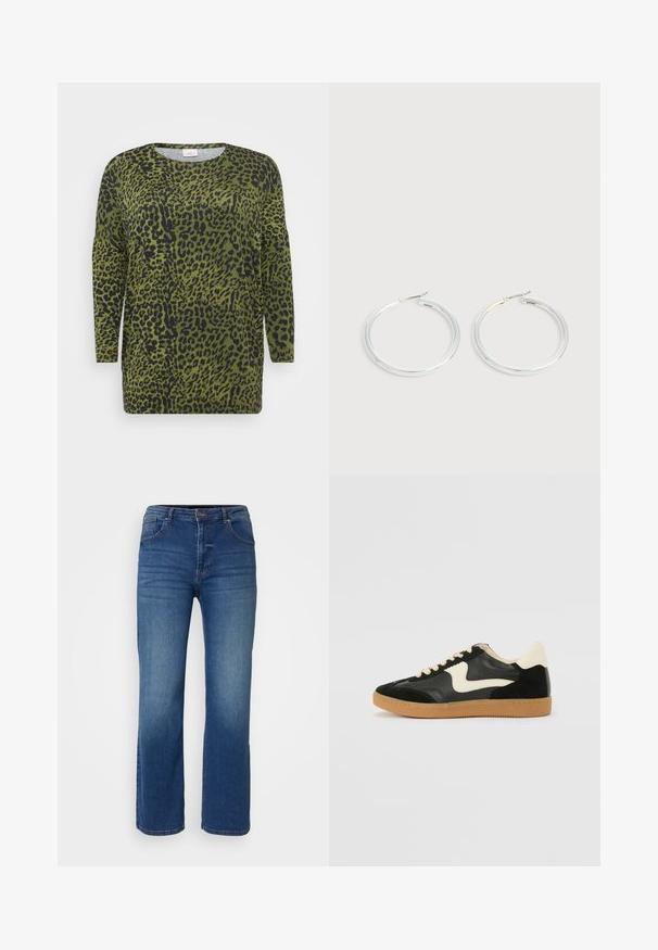 Oberteil mit Leopardenmuster, langen Ärmeln, grünem Hintergrund und schwarzen Flecken. Rundhalsausschnitt und weicher Stoff mit lockerer Passform.; Dunkelblaue Jeans aus Denim im Straight-Leg-Design, mit fünf Taschen, Knopf- und Reißverschluss. Glatte Textur mit minimaler Ausbleichung.; Schwarze Wildleder- und Leder-Sneaker mit einem cremefarbenen Seiten-Swoosh und einer hellcremefarbenen Ferse. Ausgestattet mit beige Schnürsenkeln und einer Gummilaufsohle.; Paar glänzende silberne Creolen mit dünnen Drahtverschlüssen, dargestellt vor einem hellgrauen Hintergrund.