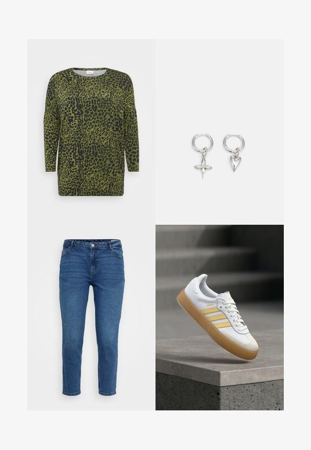 Løveplet top med lange ærmer, grøn baggrund og sorte pletter. Rund halsudskæring og blød stofstruktur med en afslappet pasform.; Blå denim jeans med mellemhøj talje, fem-lomme design og lige ben. Har stikninger og metalhardware-detaljer.; Hvid lædersneaker med gule accenter, tre striber og en gummisål i farven gum. Skoen har en rundet tå og en tekstureret tung.; Sølv hoop øreringe med et kors og hjerte charm. Glat, skinnende tekstur med en poleret finish. Hver charm hænger fra en sikker løkke.