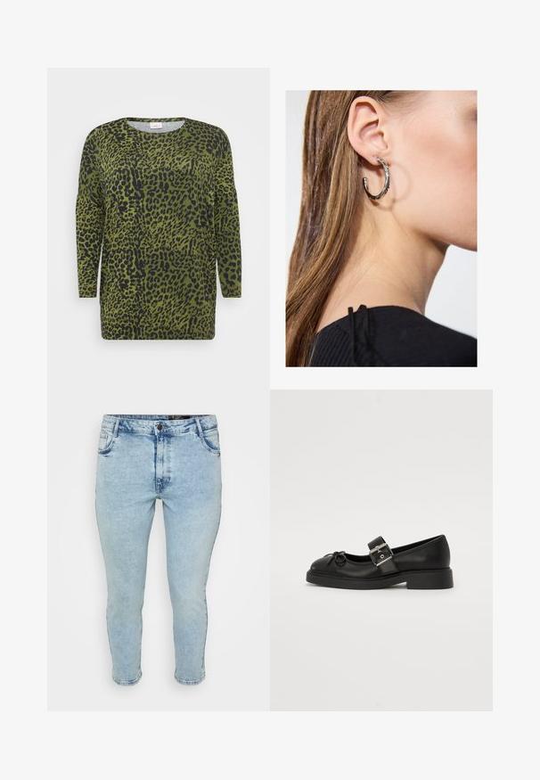 Oberteil mit Leopardenmuster, langen Ärmeln, grünem Hintergrund und schwarzen Flecken. Rundhalsausschnitt und weicher Stoff mit lockerer Passform.; Hellblaue Denim-Jeans mit einem ausgewaschenen Finish, Slim Fit, fünf Taschen und klassischem Knopfverschluss. Dezente Nähte und Saumakzente.; Schwarze Leder-Mary-Jane-Schuhe mit runder Zehenpartie, Knöchelriemen und silberner Schnallenverzierung. Verfügt über eine flache, dicke Sohle und eine Schleifenakzent.; Silberne Creolen mit polierter Oberfläche, die kleine goldene Akzentdetails und eine runde Form aufweisen, am Ohrläppchen getragen.